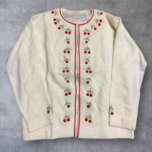 VTG 50's Sweater Cardigan Wool Embroidered Cherries Lining Hong Kong Ivory Sz M